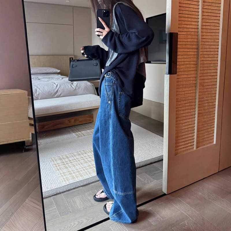 Plus-Size American-Style Relaxed Dark Blue Jeans for Women, High-Waisted, Loose, Vintage Straight-Leg, Floor-Length Wide-Leg Pants Plus-Size American-Style Relaxed Dark Blue Jeans for Women, High-Waisted, Loose, Vintage Straight-Leg, Floor-Length Wide-Leg Pants