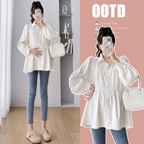 Maternity wear autumn fashion Korean style outer wear pure cotton polo collar long-sleeved shirt age-reducing loose babydoll top spring