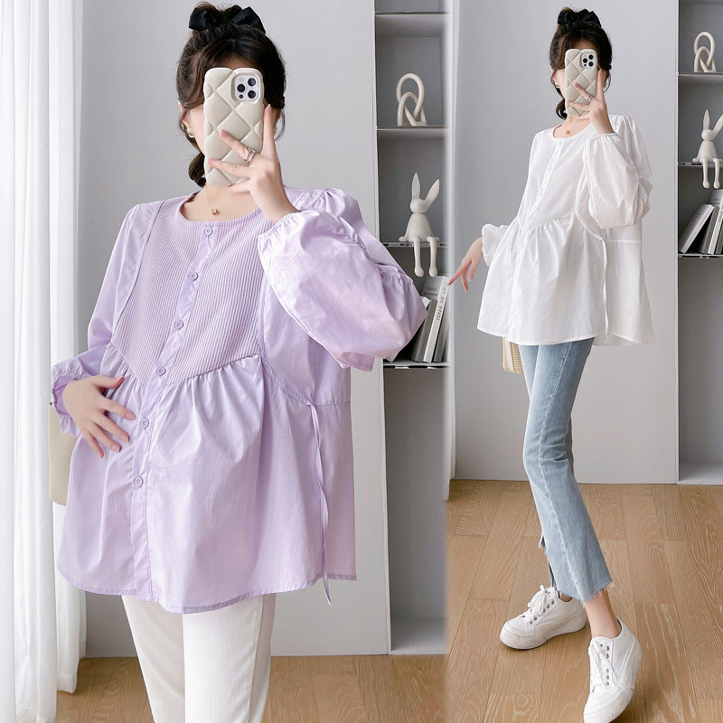 2023 pregnant women Fall new Korean version Fashion 100 Loose Slim Rounded Collar Long Sleeve Shirt Splicing Blouse Shirt-Taobao