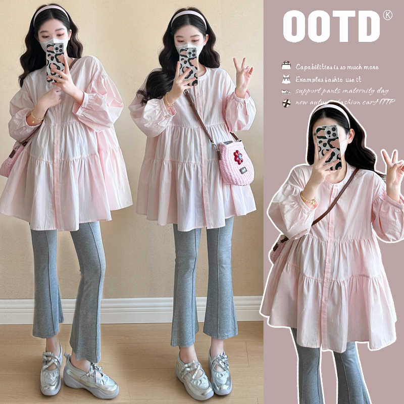2025 Sweet Pink Round Neck Mid-Length Shirt for Women, Spring New Loose Pleated Blouse for Pregnant Women, Chiffon Top for Women 2025 Sweet Pink Round Neck Mid-Length Shirt for Women, Spring New Loose Pleated Blouse for Pregnant Women, Chiffon Top for Women