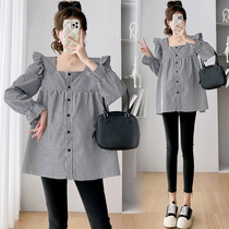 Maternity wear spring 2024 new trendy design niche tops loose belly-covering plaid long-sleeved shirts trendy