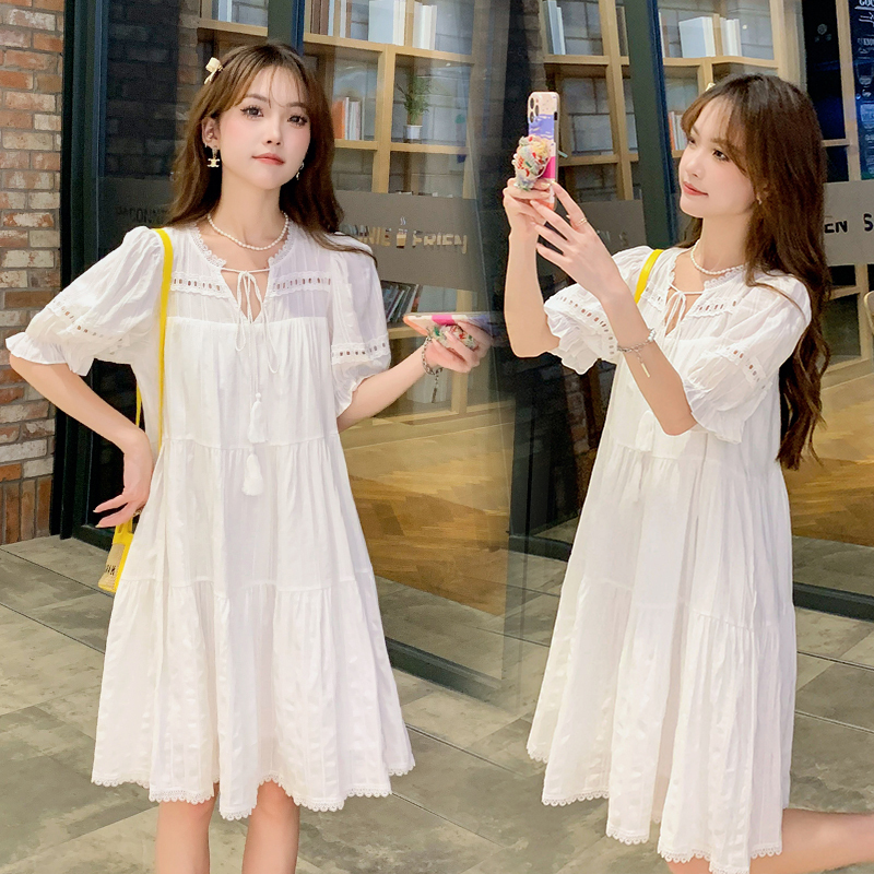 2025 Summer New Korean Style Slimming Maternity Dress French Lace Hollow Jacquard Tie Loose A-Line Dress