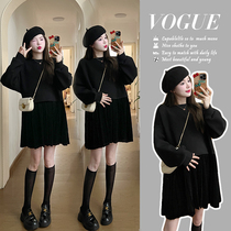 2023 Autumn and Winter Maternity Wear New Fashion Korean Style Loose Slimming Velvet Splicing Plus Velvet Thickened Sweater Skirt