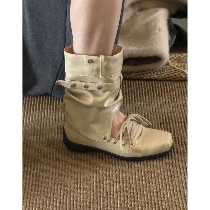 Korean Style Niche Design Square-Toe Pleated Lace-Up Slouch Boots for Women 2026 New Style Two-Way Detachable Fashionable Short Boots Korean Style Niche Design Square-Toe Pleated Lace-Up Slouch Boots for Women 2026 New Style Two-Way Detachable Fashionable Short Boots