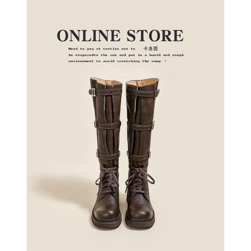 Cowhide Thick-Soled Height-Increasing Buckle Long Boots for Women 2026 Spring and Summer High-Top Riding Boots Wide-Leg Western Cowboy Boots