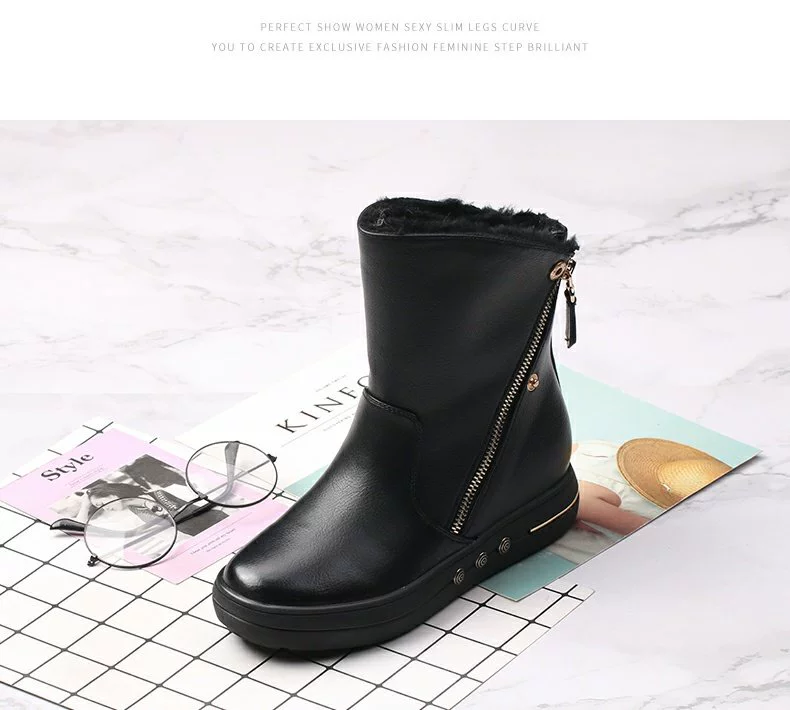 Josiny / Zhuo Shini Fashion Boots mùa đông Wedge Heel Downy Kim loại trang trí bên hông Boots dây kéo 146814516 - Giày ống