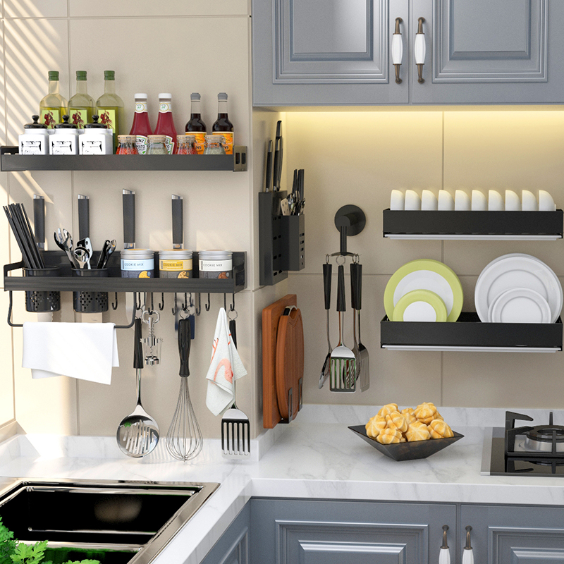 Kitchen Shelve Free to punch home seasonings rack wall-mounted cookware Supplies tool holder Rack Hook containing suit