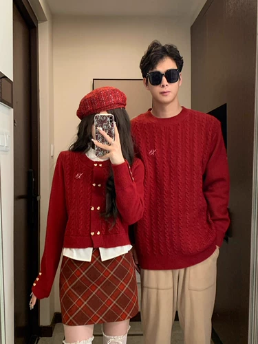 Осенний демисезонный дизайнерский красный трикотажный комплект для влюбленных, свитер, трикотажная рубашка