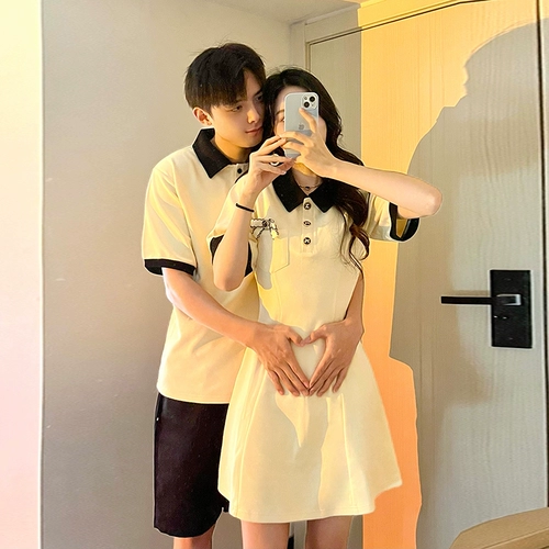 Летняя парная одежда для влюбленных, платье, футболка, юбка, в корейском стиле, по фигуре, воротник поло