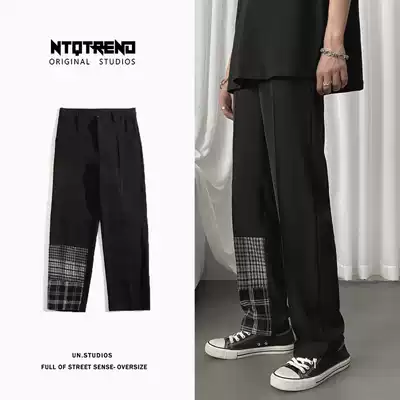 Spring and autumn black plaid loose mop yuppie trousers trend handsome old men's and women's straight casual pants