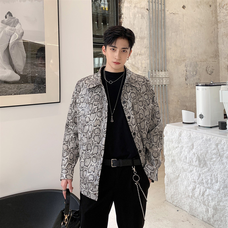 Snake Pattern Leather Jacket Mans Trendy Loose Tide Card Walk Show Fashion Autumn Clothing Men's Jacket Small Crowdart Blouse