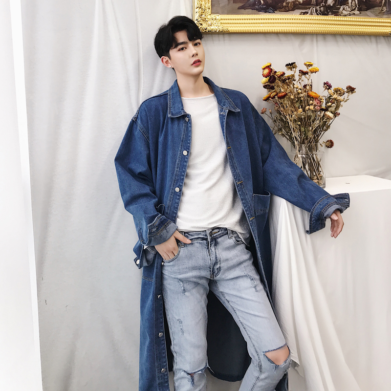 trạm châu Âu retro in lười biếng denim áo gió man trên đầu gối dài áo gió rửa lỏng người đàn ông áo đơn giản