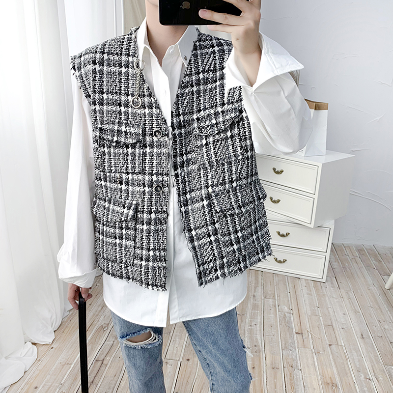 Retro net red French crowdsourced new outlap vests vest men 100 lap fashion sleeveless woven plaid small balsamic wind waistcoat