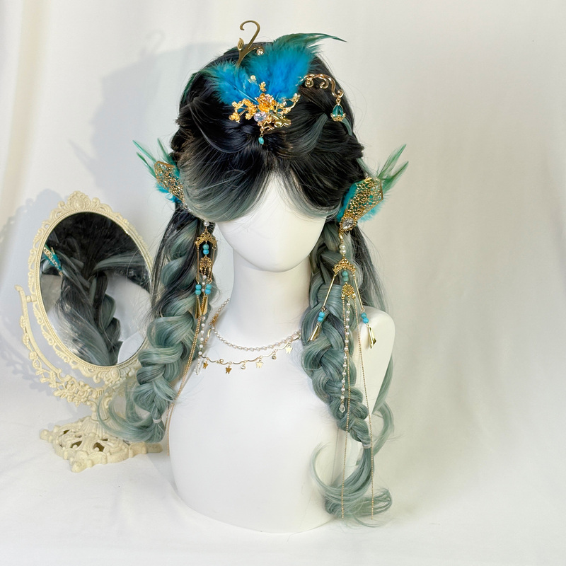 【Lingque Xianru】Peacock Green Gradient Black Highlighted Wig High-Layered Chinese Style Full Head Wig