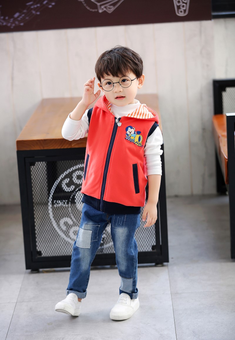 Quần áo trẻ em gấu bé trai vest bé trai trùm đầu vest mùa xuân hoang dã và mùa thu phiên bản mới của Hàn Quốc áo len trẻ em áo gile cho trẻ sơ sinh