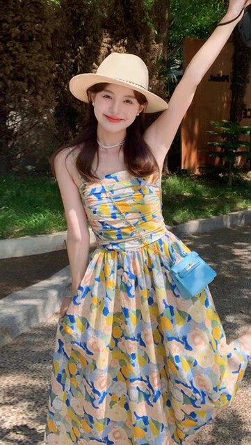 ສີນ້ ຳ ມັນ floral suspender dress ສໍາລັບແມ່ຍິງ summer 2023 ຮູບແບບໃຫມ່ຝຣັ່ງຫວານແອວສູງ seaside resort style tube top skirt