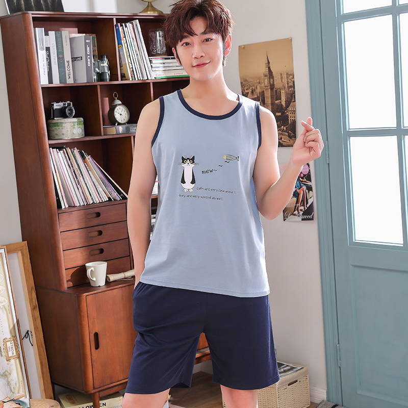 Pyjama tay mens mùa hè bông vest lỏng mỏng cộng với mã mùa hè bông trẻ đặt ra quần áo về nhà.