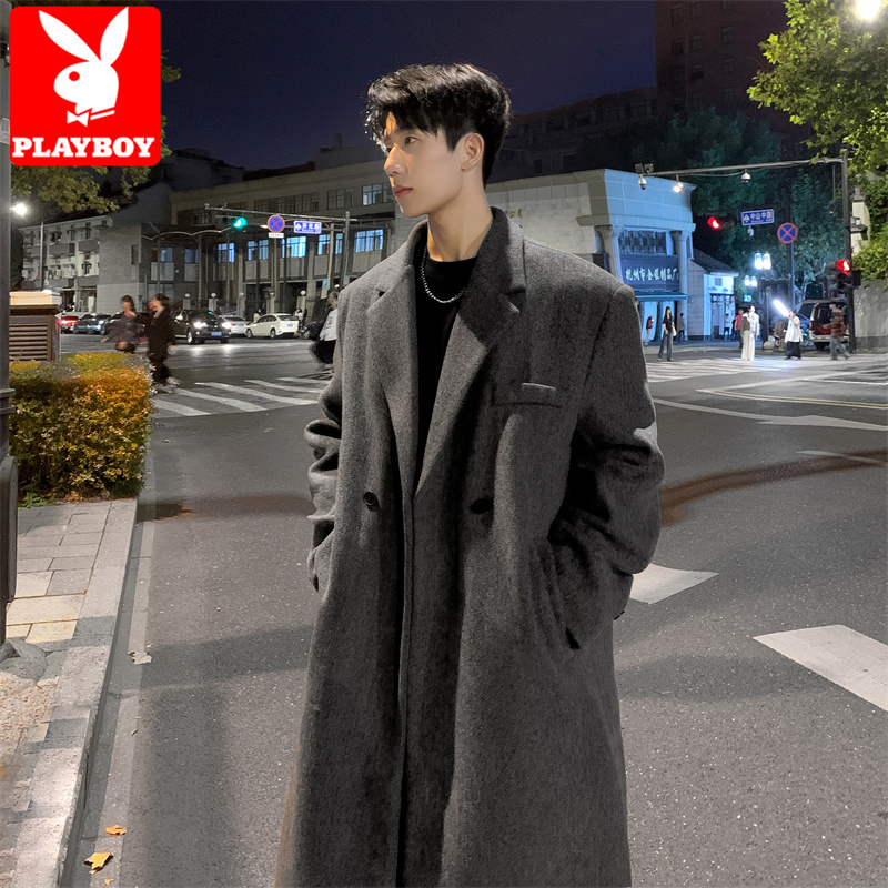 Playboy Mid-Length Woolen Coat for Men, Spring, Autumn and Winter, Korean Style, Cool and Stylish Trench Coat, Loose Woolen Jacket, Trendy