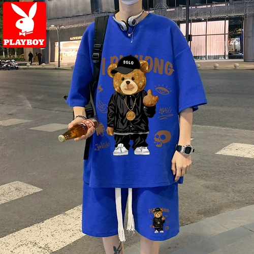 Playboy, мужской летний шелковый комплект, шорты, подходит для подростков, короткий рукав