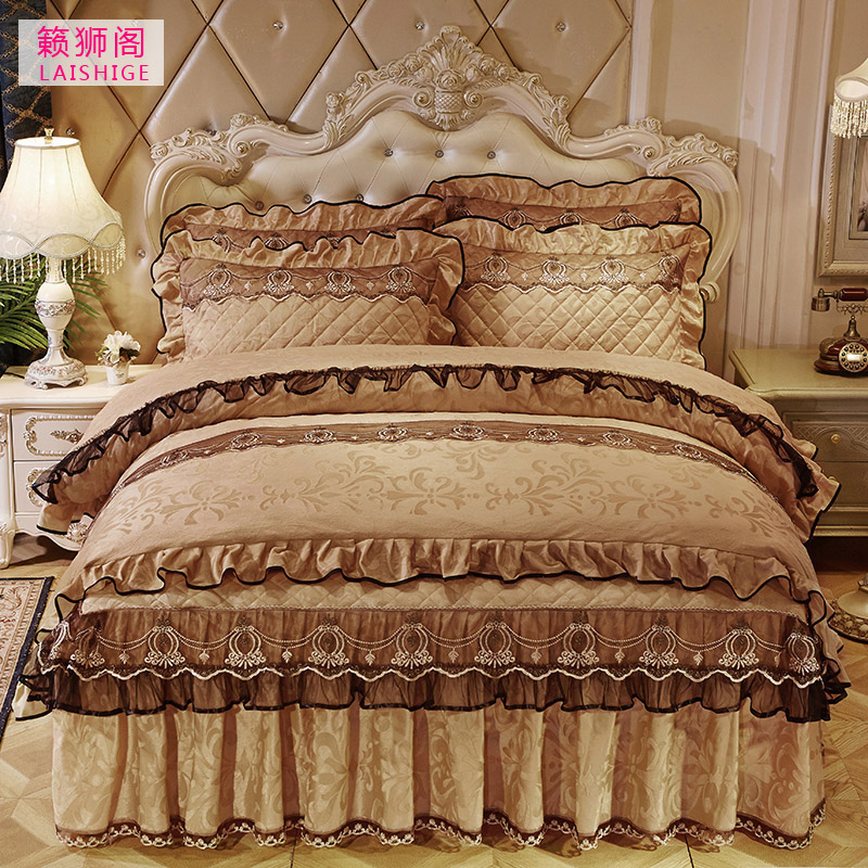 European-style velvet bed skirt-type four-piece quilted thickened bedspread 4-piece autumn and winter warm quilt cover bedding