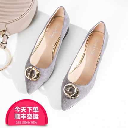 卓诗尼2018秋季新款灰色单鞋女尖头秋鞋平底