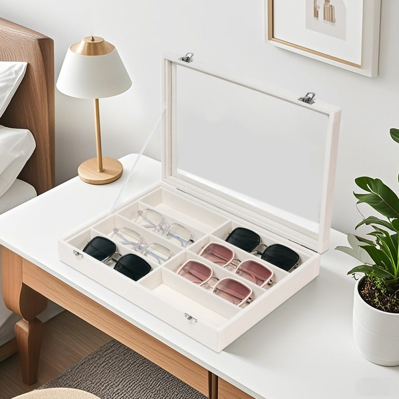 Velvet Sunglasses Display Box Pu Leather Large Capacity Multi-Compartment Glasses Storage Tray 8-Compartment Jewelry Storage Box Sunglasses Case