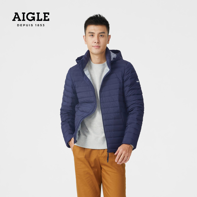 AIGLE JONESBORO MEN's WATER REPELLENT ADJUSTABLE HOODED LIGHTWEIGHT DOWN JACKET