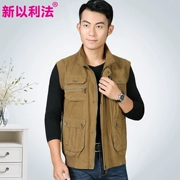 Bố tải nhiều túi cotton nam vest bình thường mùa xuân và mùa thu vest mỏng vest trung niên