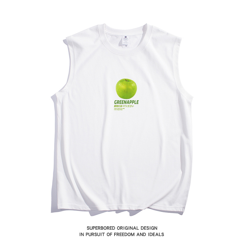 Summer Trendy Green Apple Fruit Tank Top for Men, Pure Cotton, Loose Fit, Large Size, Sleeveless T-Shirt, Sports Fitness Undershirt, Vest