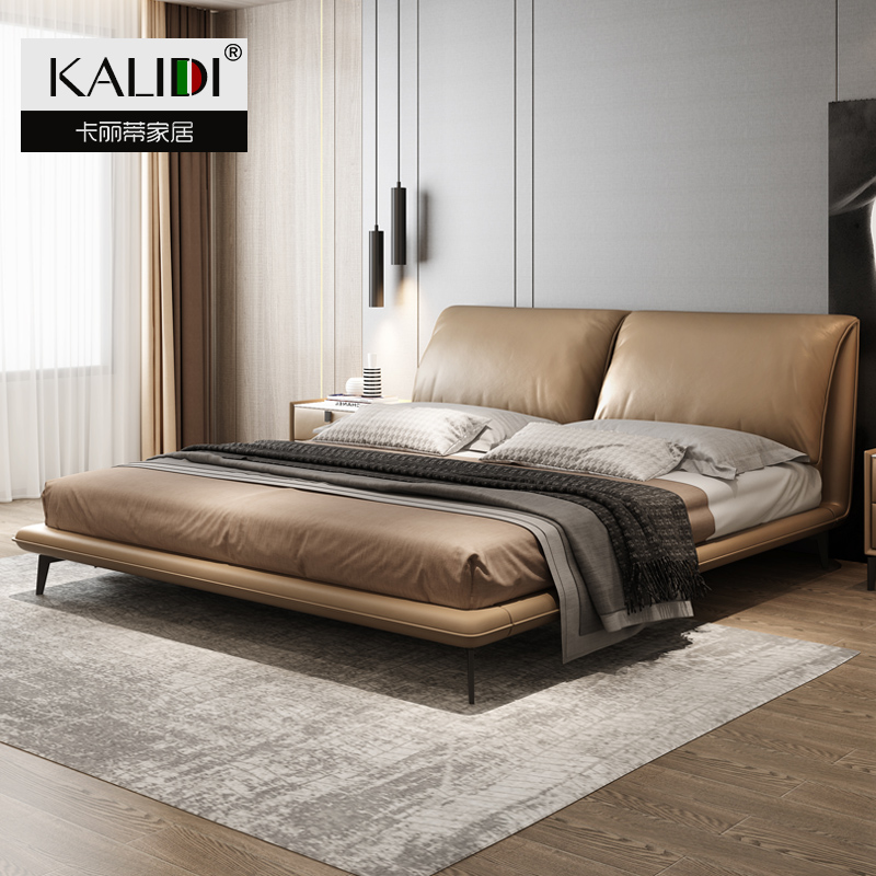 Extremely simple genuine leather bed light extravagant modern minimalist master bedroom with large bed 1 8 m soft bag wedding bed high-end willpower double bed