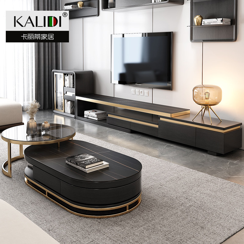 Light Extravagant Rock Board TV Cabinet Tea Table Combination Retractable Modern Minimalist Furniture Nordic Small Family-style Living room Closet Cupboards