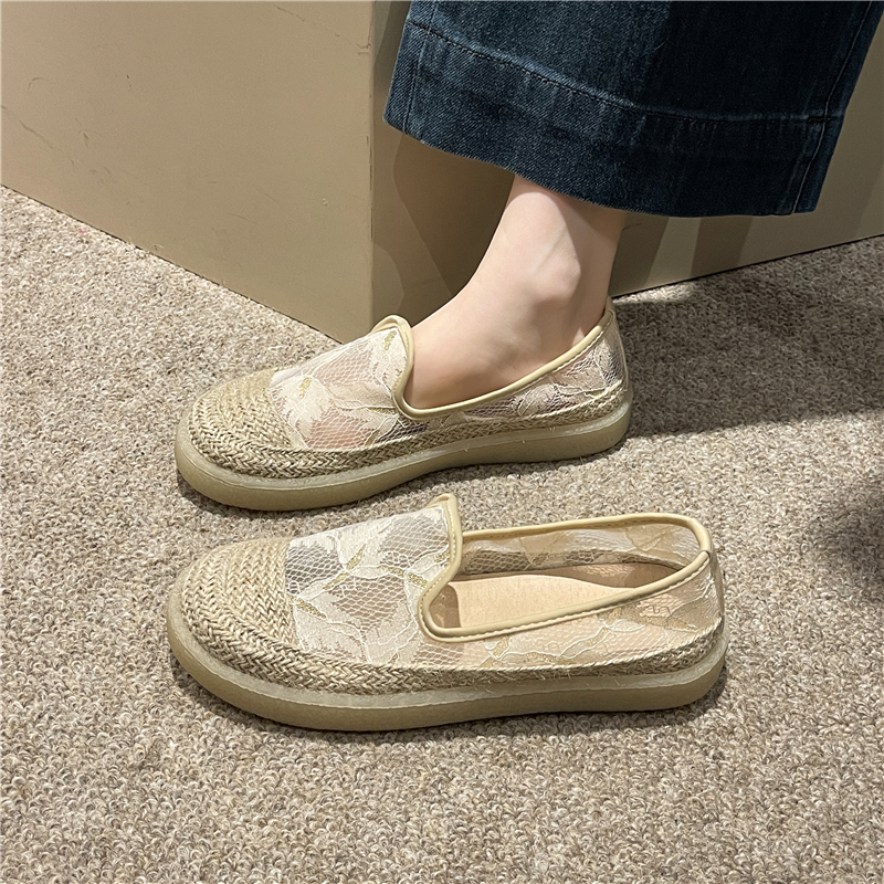 Chanel-Style Straw Espadrilles 2026 Spring/Summer New Mesh Hollow Breathable Flat Slip-On Loafers