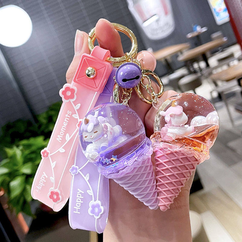 Cute Ice Cream Cone Keychain Pendant Girls Gift Quicksand Sequins Unicorn Key Chain School Bag Ornament