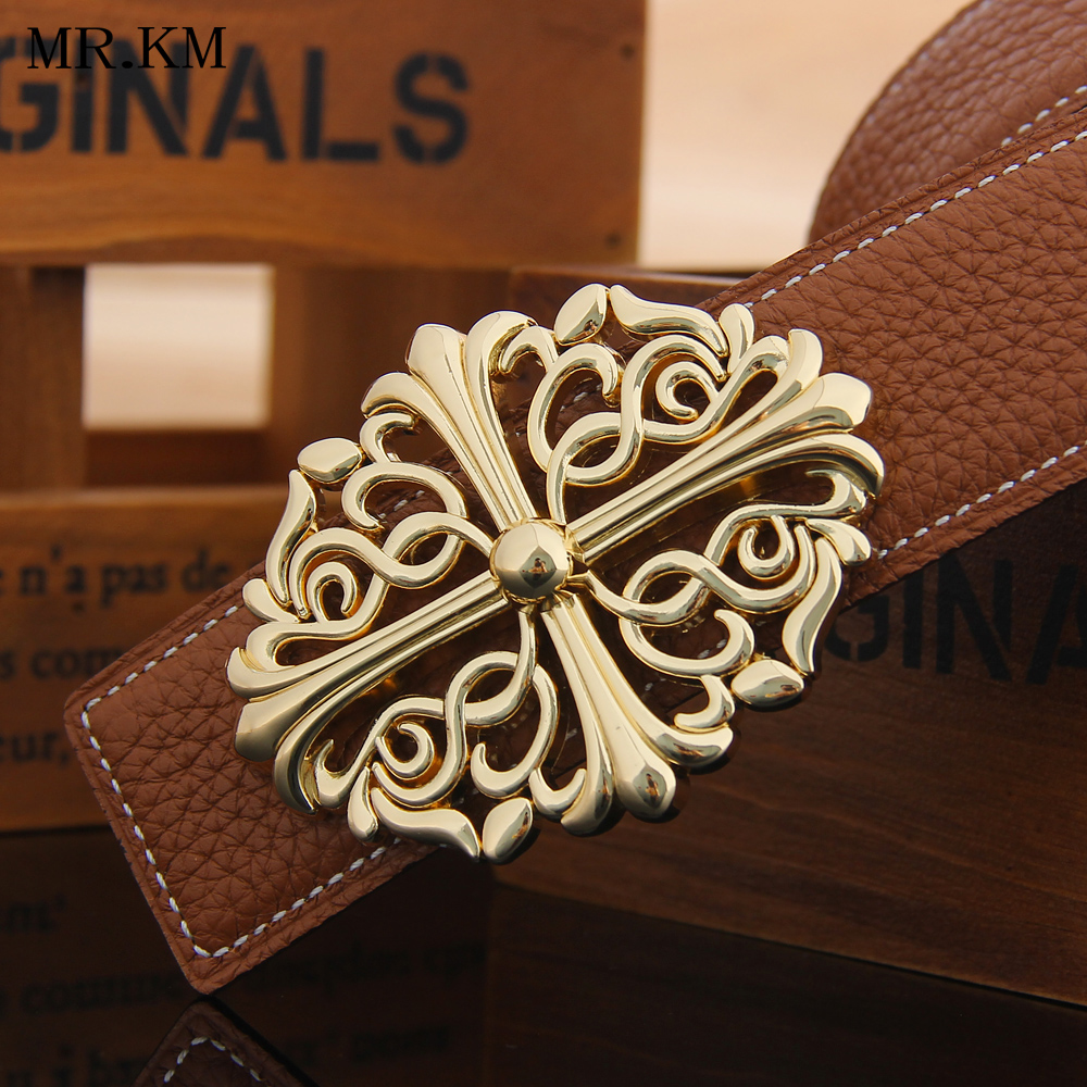 MR KM Contrasting Color Belt Reversible Litchi Grain Leather Men's Belt Fashion Flower Buckle Casual Couple