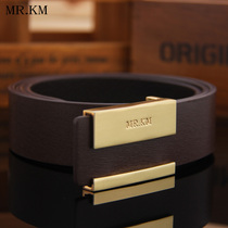 MR KM Fashion Handsome leather strap Male genuine leather smooth buckle belt Male leather pants with casual middle-aged young bronze buckle