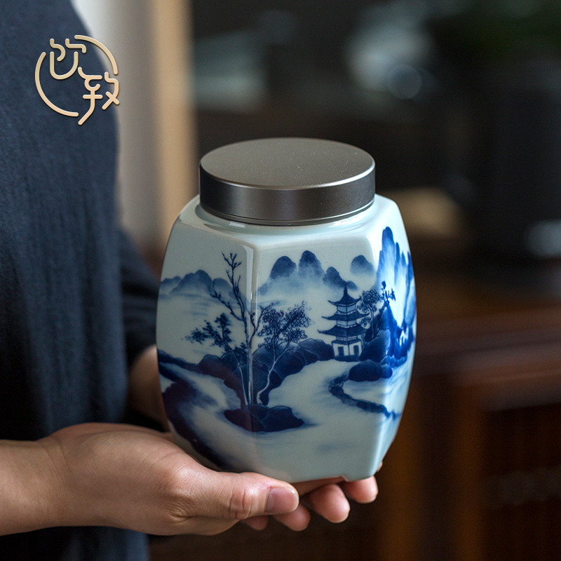 Ultimately responds to hand draw large ceramic tea canister to aluminum alloy cover seal pot kung fu tea storage POTS of household