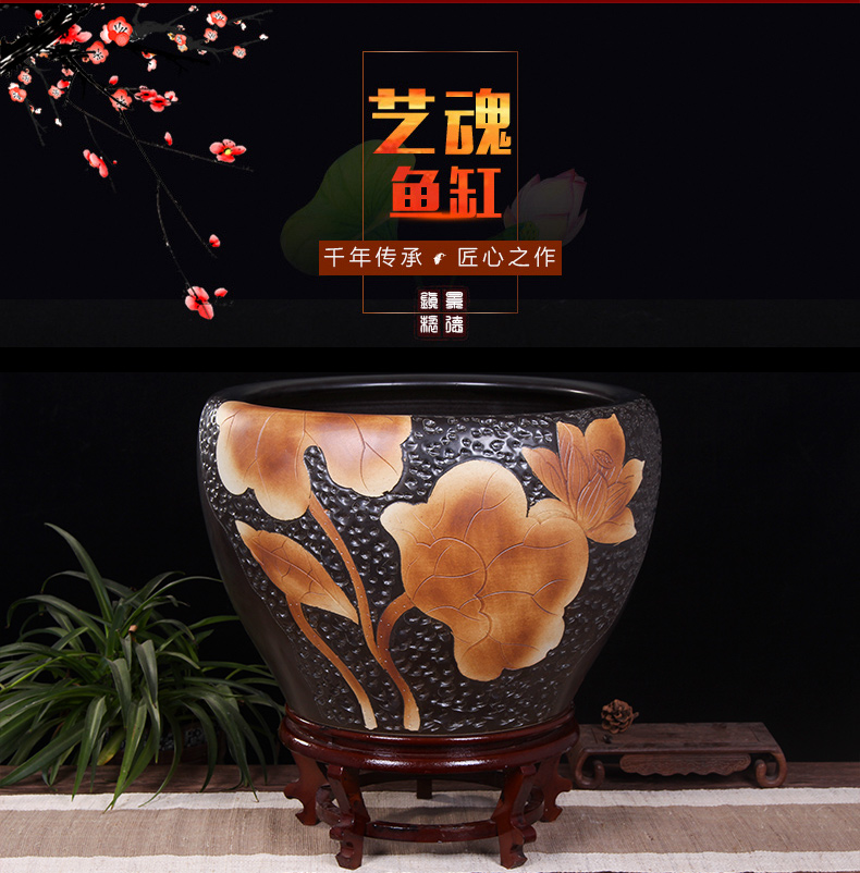 Jingdezhen ceramic aquarium turtle cylinder basin of water lily lotus goldfish bowl sitting room king fish bowl lotus cylinder