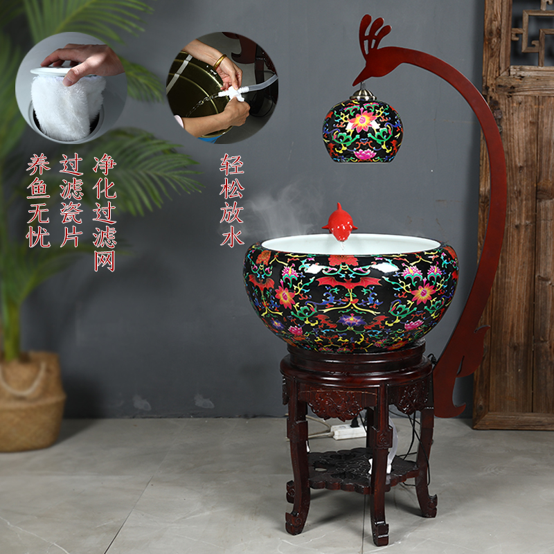 Jingdezhen ceramic aquarium Chinese style furnishing articles fish basin circulation water filter goldfish bowl sitting room home with lamp