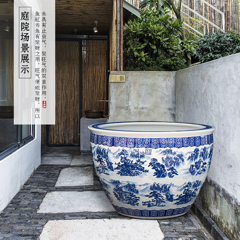 Jingdezhen ceramic blue 1 meter aquarium turtle cylinder goldfish bowl lotus household decorates sitting room small place