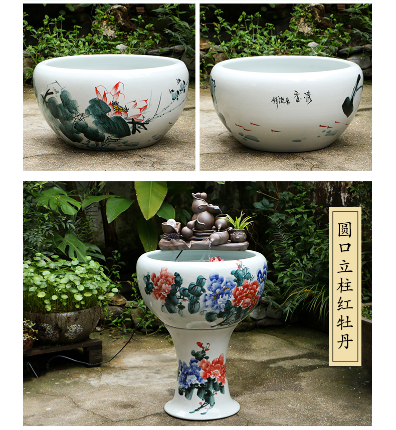 Jingdezhen ceramic floor pillar circulating water tank furnishing articles home sitting room turtle cylinder goldfish bowl cylinder