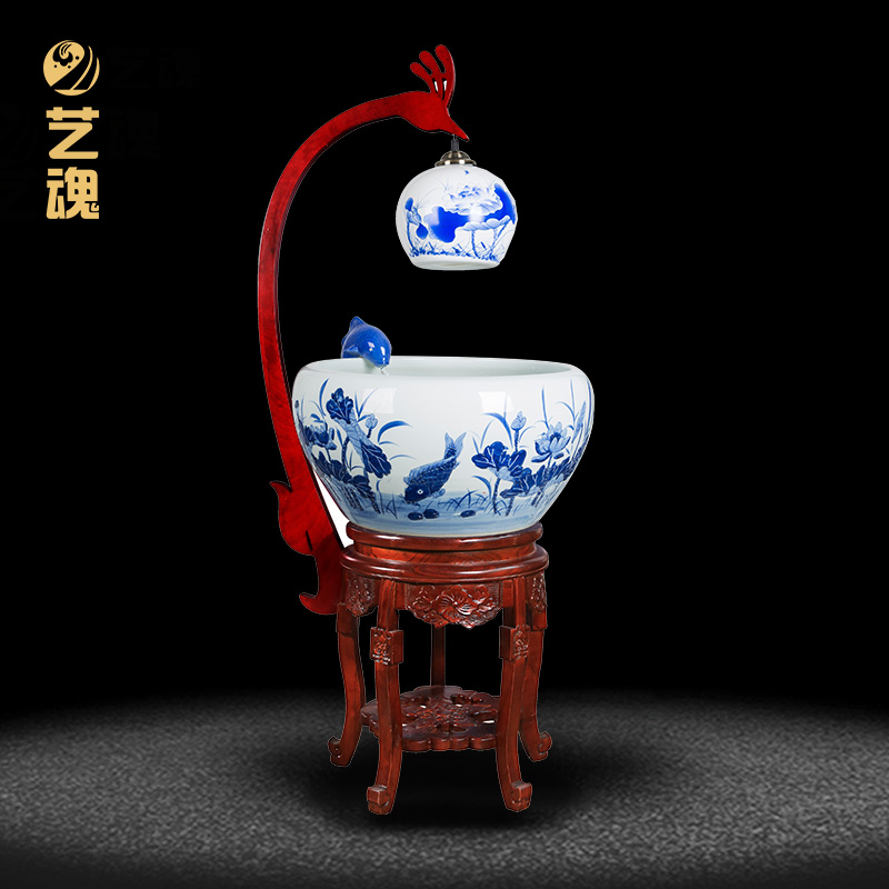 Blue and white porcelain aquarium fish bowl loop filtering large breeding goldfish pond lily sitting room scene in plutus cylinder furnishing articles