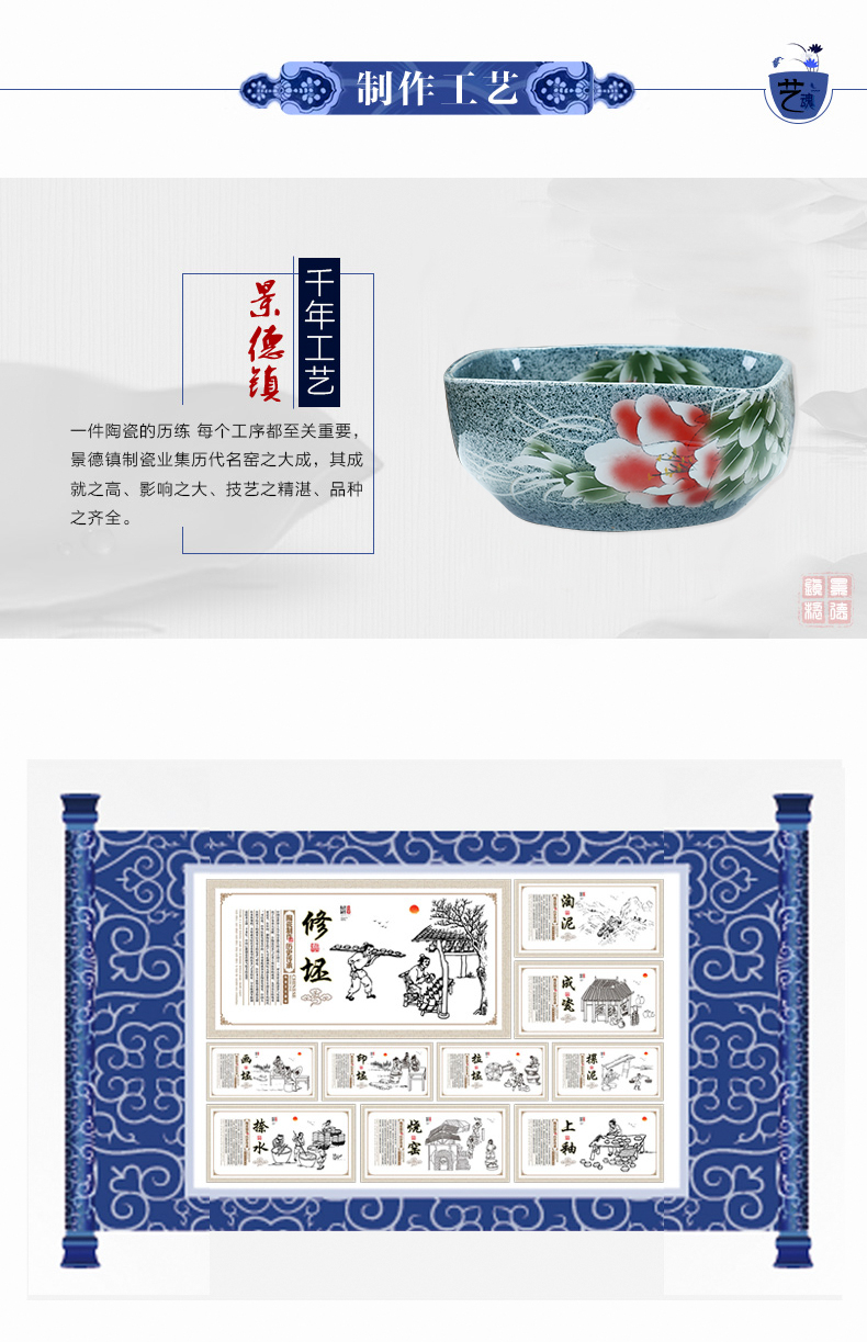 Jingdezhen ceramic aquarium fangyuan lotus blue and white goldfish turtle GangPen sleep bowl lotus refers to basin cylinder tank sitting room