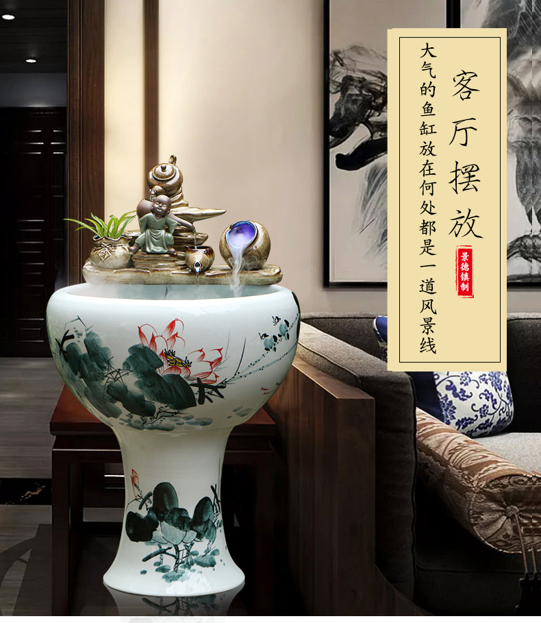 Jingdezhen ceramic floor pillar circulating water tank furnishing articles home sitting room turtle cylinder goldfish bowl cylinder