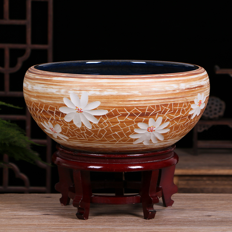 Jingdezhen ceramic aquarium small turtle sitting room home circular cylinder fish bowl goldfish bowl lotus lotus cylinder basin