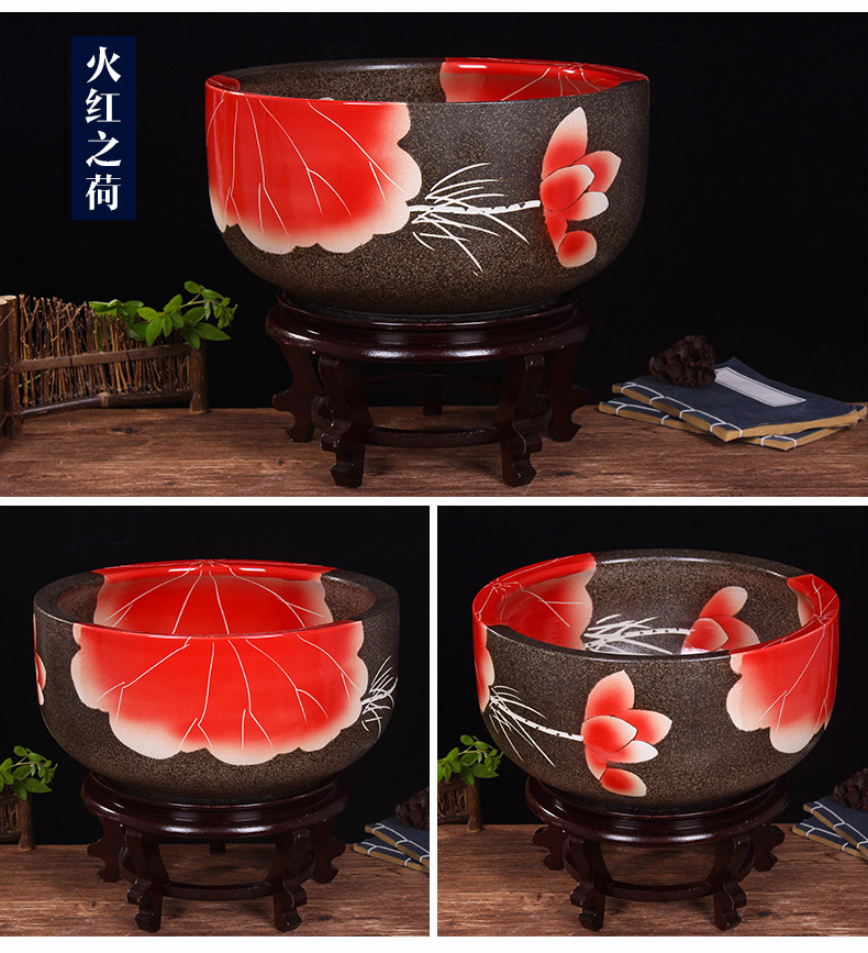 Jingdezhen ceramic aquarium turtle cylinder goldfish bowl lotus cylinder fish bowl lotus lotus cylinder furnishing articles in the living room