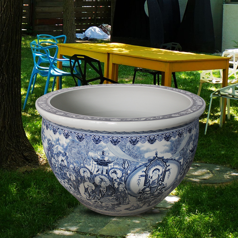 Blue and white porcelain tank 1 meter big basin of water tanks porcelain jar water lily lotus bowl lotus cylinder cylinder tortoise courtyard