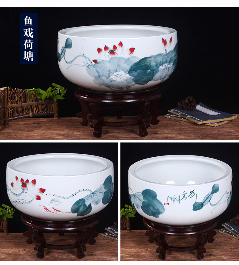 Jingdezhen ceramic aquarium turtle cylinder goldfish bowl lotus cylinder fish bowl lotus lotus cylinder furnishing articles in the living room