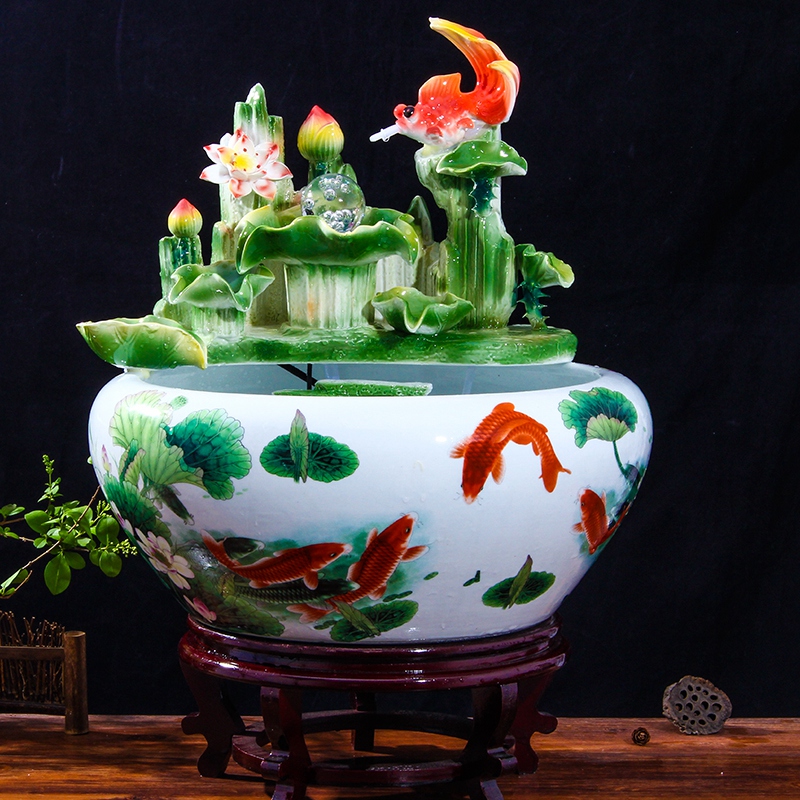 Chinese feng shui round ceramic aquarium water fountain furnishing articles sitting room home desktop household the accumulate creative humidifier