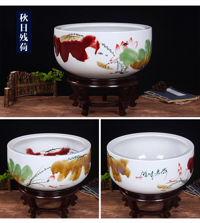 Jingdezhen ceramic aquarium turtle cylinder goldfish bowl lotus cylinder fish bowl lotus lotus cylinder furnishing articles in the living room