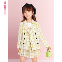 Girls Set 2021 Autumn New Chinese Tong Korean version of foreign style Plaid Blazer Blazer childrens shorts two-piece set